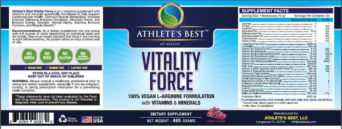 Athlete's Best Vitality Force L-Arginine w/Astragin Vitamins Minerals Supplement